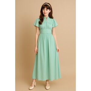 VTG 70s Trolley Car Prairie Dress Aqua‎ Blue Flutter Sleeve Maxi Size 7 ILGWU